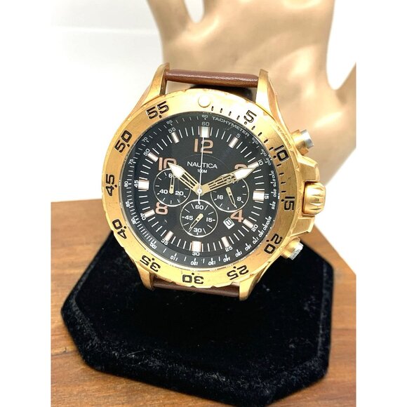 Nautica Men's Watch N18523 Quartz Black Dial Rose Gold Tone Leather Band 48mm - Picture 1 of 15